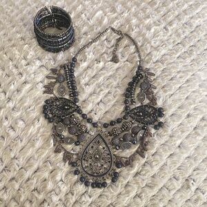 Intricate Silver and Black Necklace with Bracelet